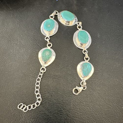 Navajo Blue Turquoise Link Bracelet | Sterling Silver | 9" | Authentic Native American Handmade | 17638