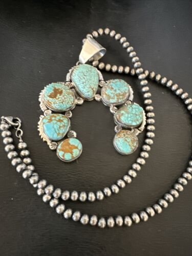 Navajo Blue Turquoise #8 Squash Blossom Necklace Naja Pendant | Sterling Silver | Authentic Native American Handmade | 16896