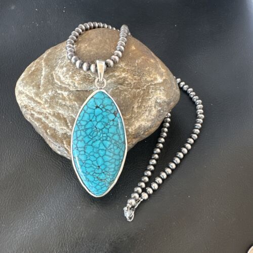 Men's Navajo Blue Spiderweb Turquoise Pendant Necklace | Sterling Silver | Authentic Native American Handmade | 16210