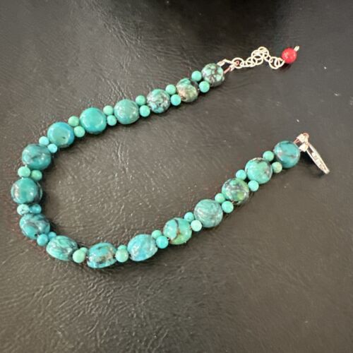 Navajo Blue Turquoise Bead Bracelet | Sterling Silver Link | 8" | Authentic Native American Handmade | 17230