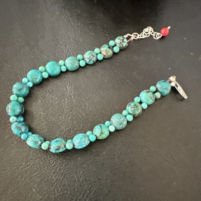 Navajo Blue Turquoise Bead Bracelet | Sterling Silver Link | 8" | Authentic Native American Handmade | 17230