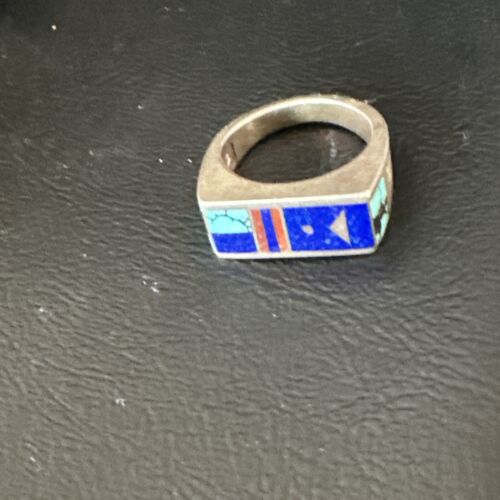 Men's Navajo Inlay Ring | Sterling Silver Lapis Blue Spiderweb Turquoise | Sz 8 | 15915