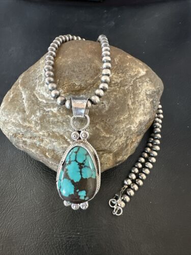 Navajo Blue Spiderweb Turquoise Pendant Necklace | Sterling Silver | Authentic Native American Handmade | 17117