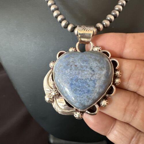 Men's Blue Heart Denim Lapis Pendant Necklace | Navajo Pearls | Sterling Silver | 15524