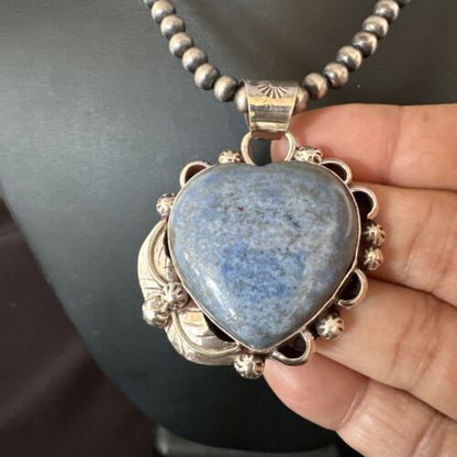 Men's Blue Heart Denim Lapis Pendant Necklace | Navajo Pearls | Sterling Silver | 15524