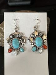 Navajo Coral Mother of Pearl Turquoise Sterling Silver Earrings | July Fourth | Handmade 15330