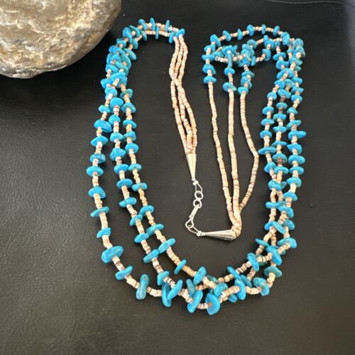 Navajo Blue Kingman Turquoise Shell Heishi Necklace | Sterling Silver | 30" | Authentic Native American Handmade | 16070