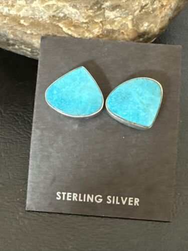 Navajo Blue Kingman Turquoise Post Stud Earrings | Sterling Silver | Authentic Native American Handmade | 17470