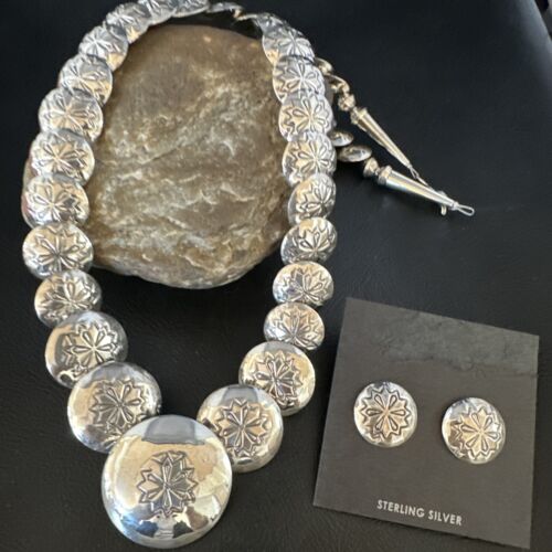 Navajo Pearls Sterling Silver Graduated Pillow Bead Necklace & Earrings Set | Authentic Native American Handmade | 15634