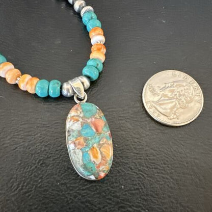 Navajo Spiny Turquoise Pendant Necklace | Sterling Silver | 22" | Authentic Native American Handmade | 17429