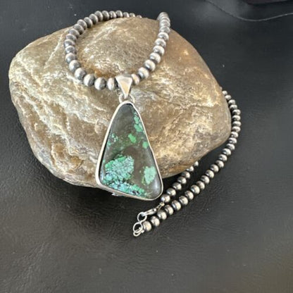 Men's Navajo Sterling Silver Necklace Pendant | Green Spiderweb Turquoise | Authentic Native American Handmade | 16215