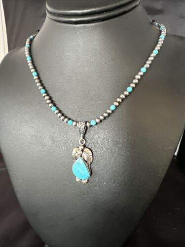 Navajo Pearls Kingman Turquoise Pendant Necklace | Sterling Silver | Authentic Native American Handmade | 14890