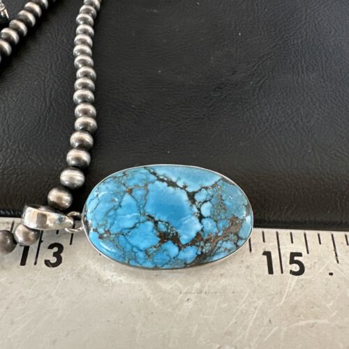 Navajo Blue Spiderweb Turquoise Pendant Necklace | Sterling Silver | Authentic Native American Handmade | 17014