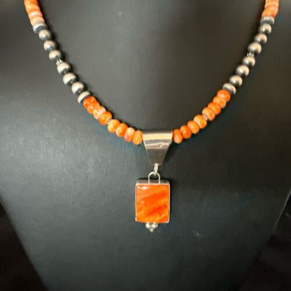 Navajo Pearls Sterling Silver Necklace with Orange Spiny Oyster Pendant | 17049