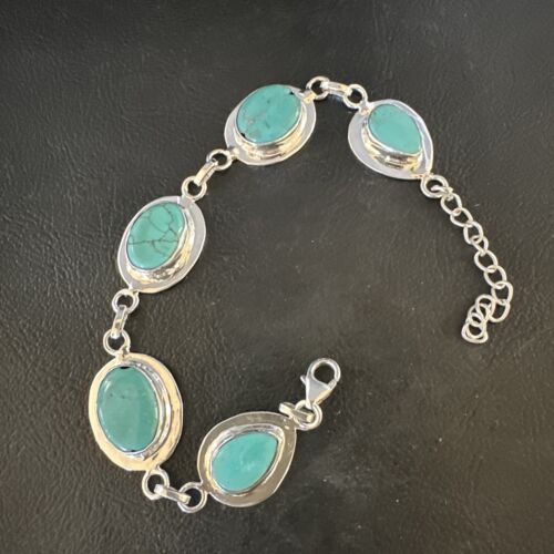 Navajo Blue Turquoise Link Bracelet | Sterling Silver | 8" | Authentic Native American Handmade | 15478