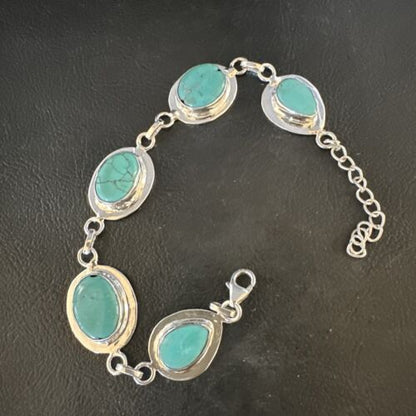 Navajo Blue Turquoise Link Bracelet | Sterling Silver | 8" | Authentic Native American Handmade | 15478
