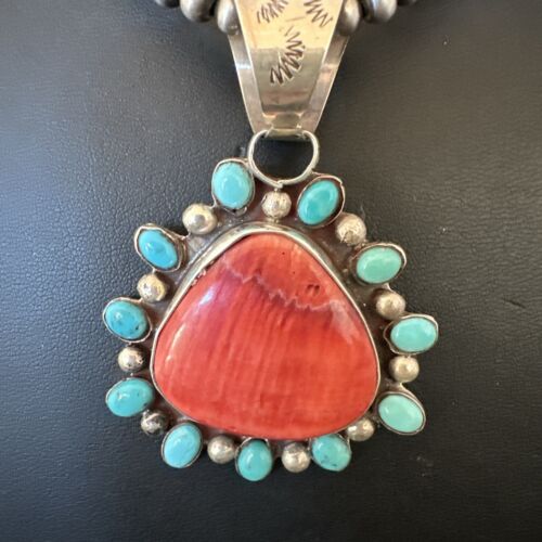 Navajo Blue Kingman Turquoise & Red Spiny Oyster Pendant | Sterling Silver | 17227