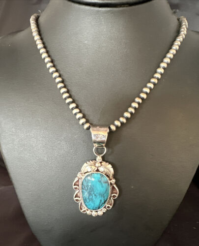 Navajo Pearls Blue Turquoise Necklace Pendant | Sterling Silver | Authentic Native American Handmade | 14882