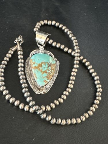 Navajo Pearls Sterling Silver Necklace with Blue Turquoise #8 Pendant | Authentic Native American Handmade | 14857