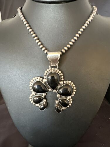 Men's Black Onyx Naja Pendant Necklace | Navajo Pearls | Sterling Silver | Authentic Native American Handmade | 16102