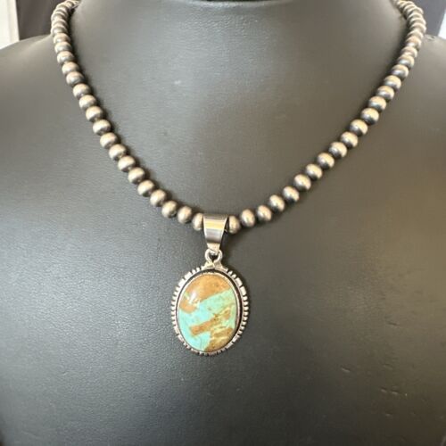 Navajo Blue Turquoise #8 Pendant | Sterling Silver Necklace with Pearls | Authentic Native American Handmade | 16353