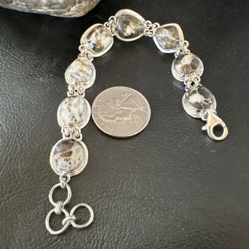 White Buffalo Turquoise 8-Stone Navajo Sterling Silver Link Bracelet | 8" | Handmade Jewelry 16378
