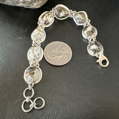 White Buffalo Turquoise 8-Stone Navajo Sterling Silver Link Bracelet | 8" | Handmade Jewelry 16378