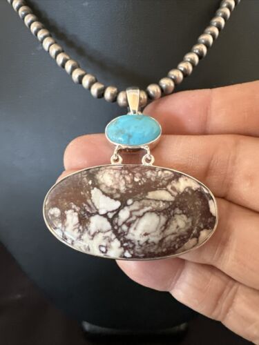 Navajo Wild Horse | Blue Kingman Turquoise Necklace | Sterling Silver | Authentic Native American Handmade | 17307