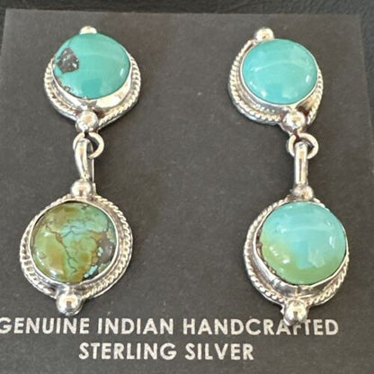 Navajo Blue Green Turquoise Dangle Earrings | Sterling Silver | 1.5" | Authentic Native American Handmade | 17387