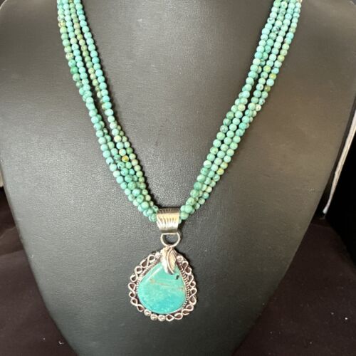 Blue Turquoise Pendant | Navajo Pearls | Sterling Silver Bead Necklace 17" | Multi-Strand | 15993