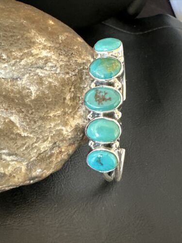 Women's Blue Turquoise 5-Stone Cuff Bracelet | Navajo Sterling Silver | Authentic Native American Jewelry | 16278