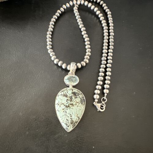 Navajo Dry Creek Turquoise Topaz Pendant Necklace | Sterling Silver | Authentic Native American Handmade | 16314