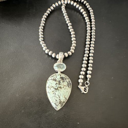 Navajo Dry Creek Turquoise Topaz Pendant Necklace | Sterling Silver | Authentic Native American Handmade | 16314