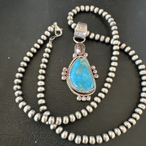 Navajo Blue Kingman Turquoise Wild Horse Pendant Necklace | Sterling Silver | Authentic Native American Handmade | 17223