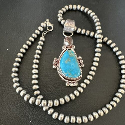 Navajo Blue Kingman Turquoise Wild Horse Pendant Necklace | Sterling Silver | Authentic Native American Handmade | 17223
