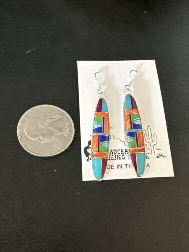 Southwestern Sterling Silver Multi-Color Turquoise Lapis Inlay Earrings | Authentic Native American Handmade | 14937