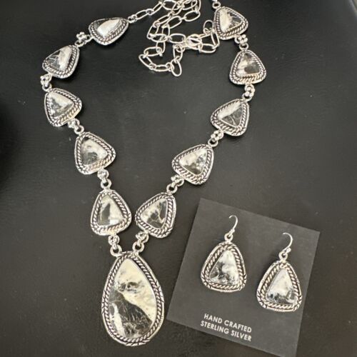 Navajo White Buffalo Turquoise Lariat Necklace | Sterling Silver Earrings | Authentic Native American Handmade | 16267