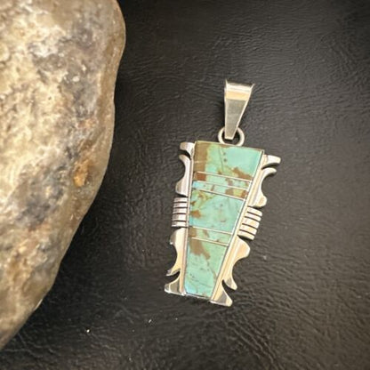 Navajo Blue #8 Turquoise Inlay Pendant | Sterling Silver | 2" | Authentic Native American Handmade | 15684