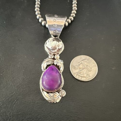 White Buffalo Turquoise & Sugilite Pendant | Navajo Pearls | Sterling Silver | Native American Handmade | 16871