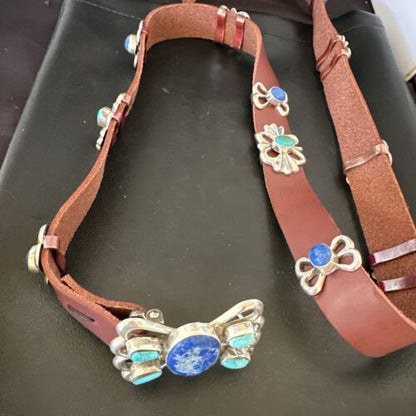 Men's Kingman Turquoise Lapis Concho Belt | Sterling Silver Navajo Tufa | Authentic Native American Handmade | 16682 - Masha USA