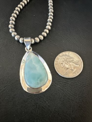 Navajo Blue Larimar Pendant Necklace | Sterling Silver Beads | Authentic Native American Handmade | 17566