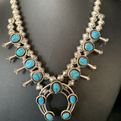 Navajo Kingman Turquoise Squash Blossom Necklace | Sterling Silver | Authentic Native American Handmade | 13678