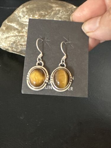 Navajo Coffee Tiger's Eye Dangle Earrings | Sterling Silver | Authentic Native American Handmade | 14920