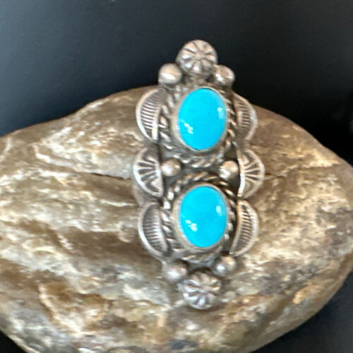 Navajo Blue Kingman Turquoise Cluster Ring | Authentic Native American Sterling Silver | Multi-Stone | Sz 8.5 | 15892