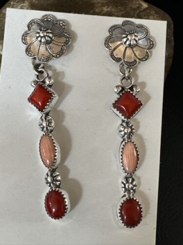 Navajo Red Pink Coral Mother of Pearl Dangle Earrings | Sterling Silver | Authentic Native American Handmade | 15327