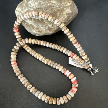 Navajo Red Spiny Oyster Jasper Necklace | Sterling Silver | 23" | Authentic Native American Handmade | 10156
