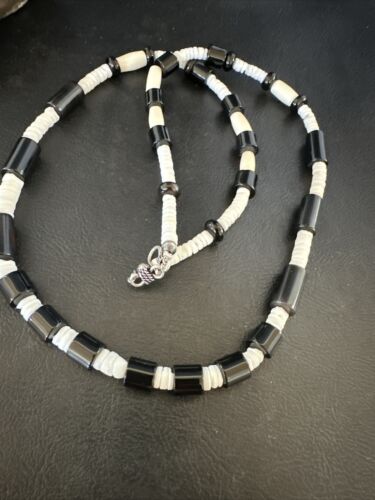 Men's Navajo Black Onyx White Shell Necklace | Sterling Silver | 26" | Authentic Native American Handmade | 17583
