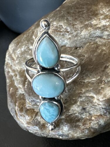 Navajo Women's Cluster Blue Larimar Multi-Stone Ring | Authentic Native American Sterling Silver | Sz 8.5 | 16164