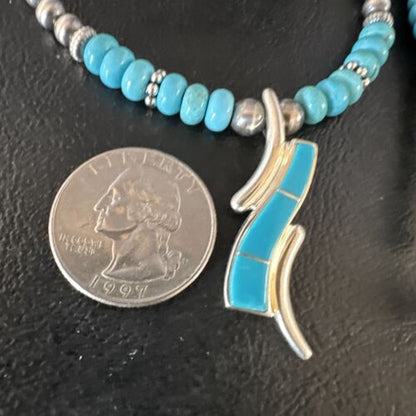 Navajo Blue Turquoise Pendant Necklace | Sterling Silver with Pearls | Authentic Native American Handmade | 15376