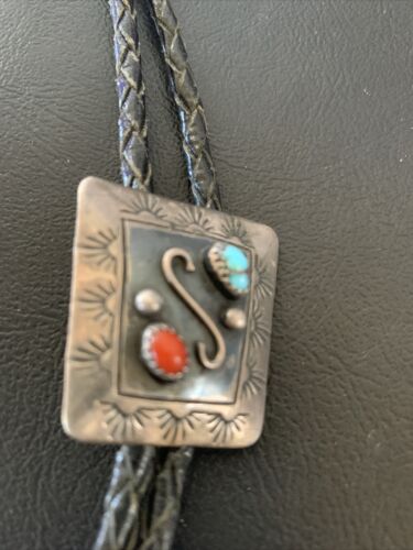 Navajo Turquoise Coral Bolo Tie | Sterling Silver | Authentic Native American Handmade | 02003 Bolo